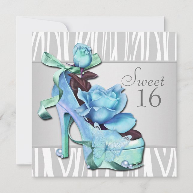 Invitation Fête d'anniversaire 16 ans Zèbre Bleu sarcelle arg (Devant)