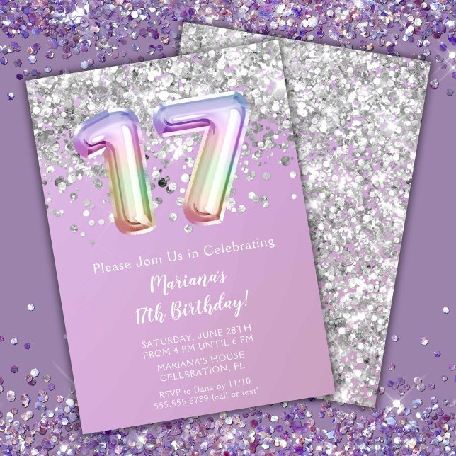 Invitation Fête d'anniversaire 17 ans de Rainbow Sparkle Glit (Créateur téléchargé)