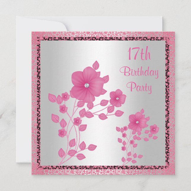 Invitation Fête d'anniversaire 17 ans Fleurs roses & Dentelle (Devant)