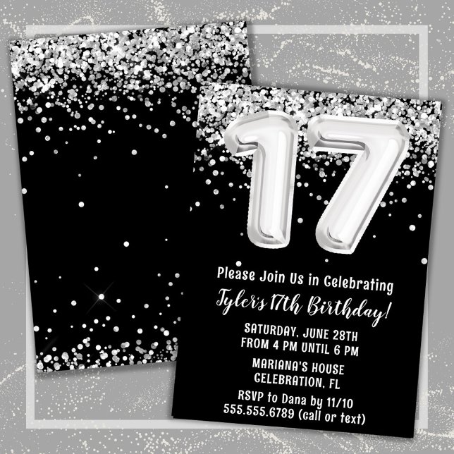 Invitation Fête d'anniversaire 17 ans Noir Blanc Argent (Black and White 17th Birthday Party Invitation)
