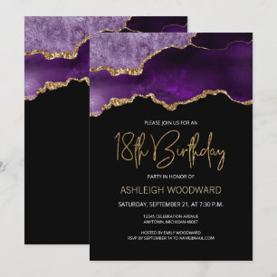Invitation Fête d'anniversaire 18 ans Agate Geode Violet Or