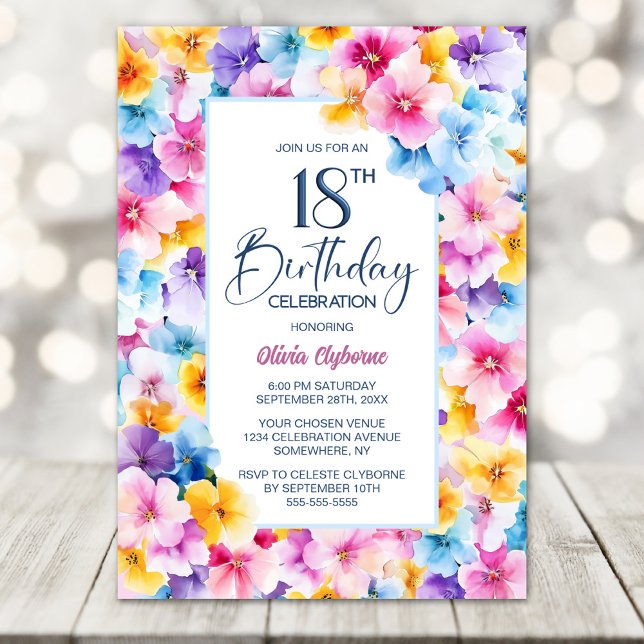 Invitation Fête d'anniversaire 18 ans aux fleurs roses et ble (Créateur téléchargé)
