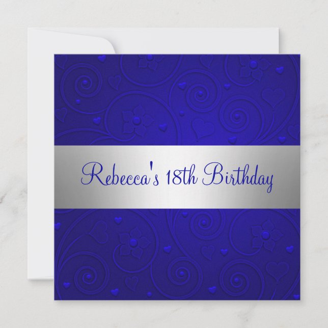 Invitation Fête d'anniversaire 18 ans Cœurs Spirale Bleus Arg (Devant)