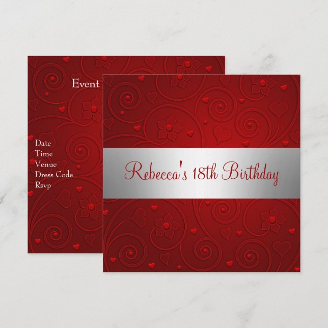 Invitation Fête d'anniversaire 18 ans coeurs spirales rouges  (Devant / Derrière)