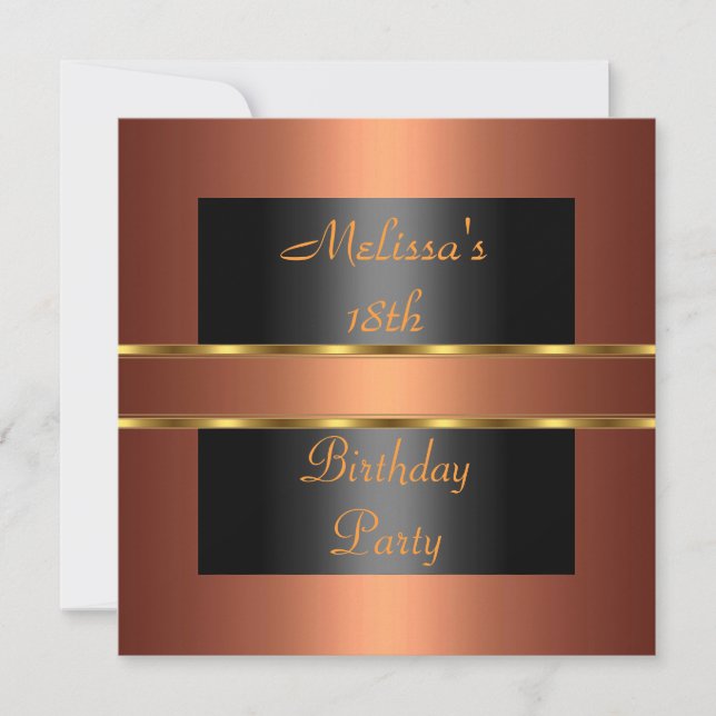 Invitation Fête d'anniversaire 18 ans Copper Gold Black (Devant)