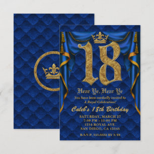 Invitation Fête d'anniversaire 18 ans Couronne bleu royal or 