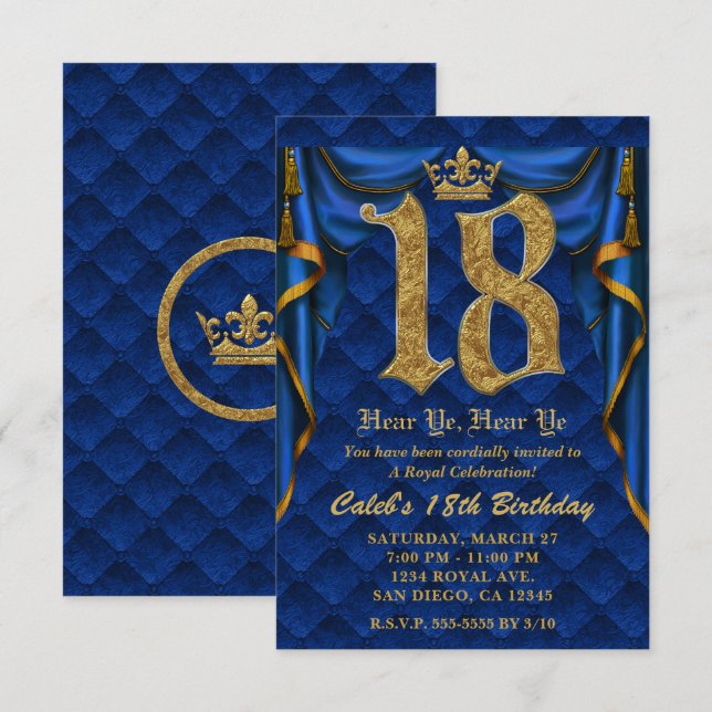 Invitation Fête d'anniversaire 18 ans Couronne royale bleue e (Devant / Derrière)