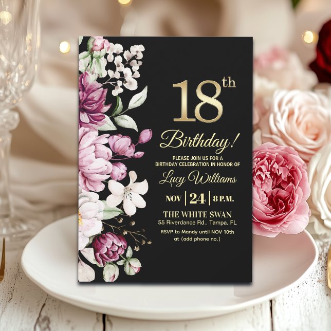Invitation Fête d'anniversaire 18 ans élégante florale or (Créateur téléchargé)