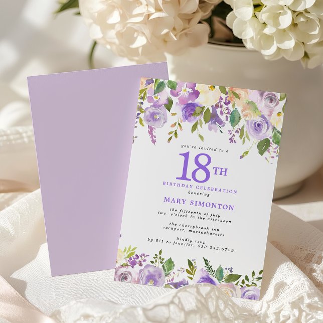 Invitation Fête d'anniversaire 18 ans Fleurie Violet Élégant (Créateur téléchargé)