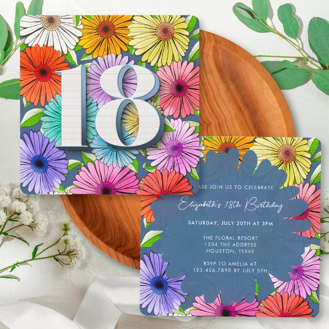 Invitation Fête d'anniversaire 18 ans Floral Rustique Bleu Ma (Créateur téléchargé)