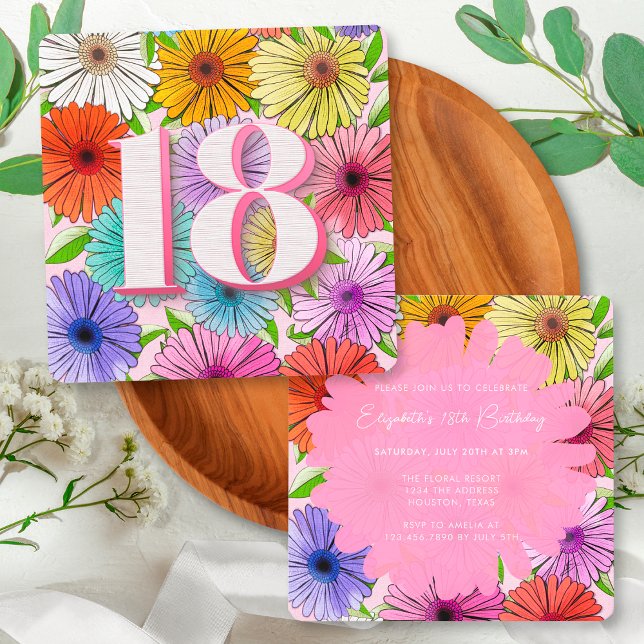 Invitation Fête d'anniversaire 18 ans Floral Rustique Rose Pr (Créateur téléchargé)