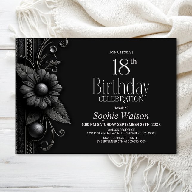 Invitation Fête d'anniversaire 18 ans Grey Flower (Créateur téléchargé)