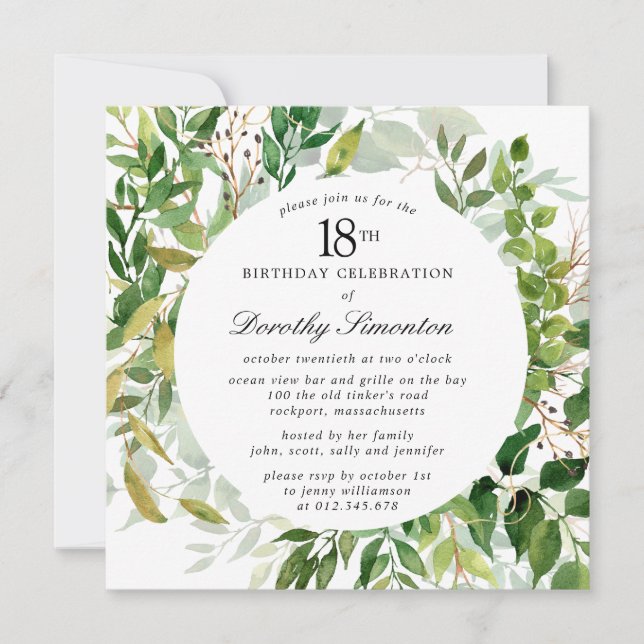 Invitation Fête d'anniversaire 18 ans Moderne Botanique verte (Devant)