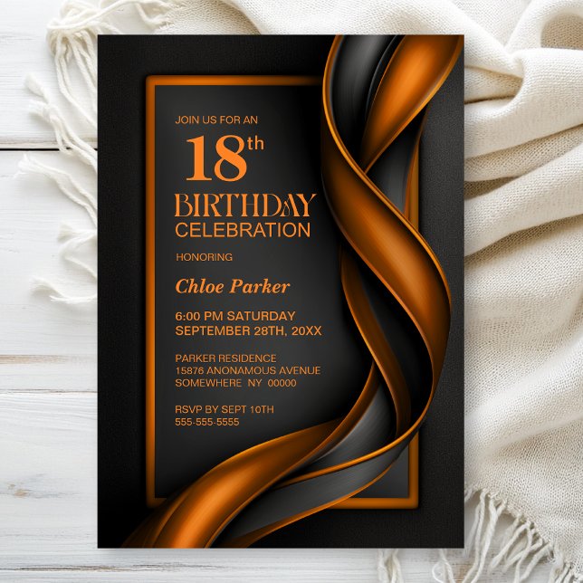 Invitation Fête d'anniversaire 18 ans moderne noir et orange (Créateur téléchargé)