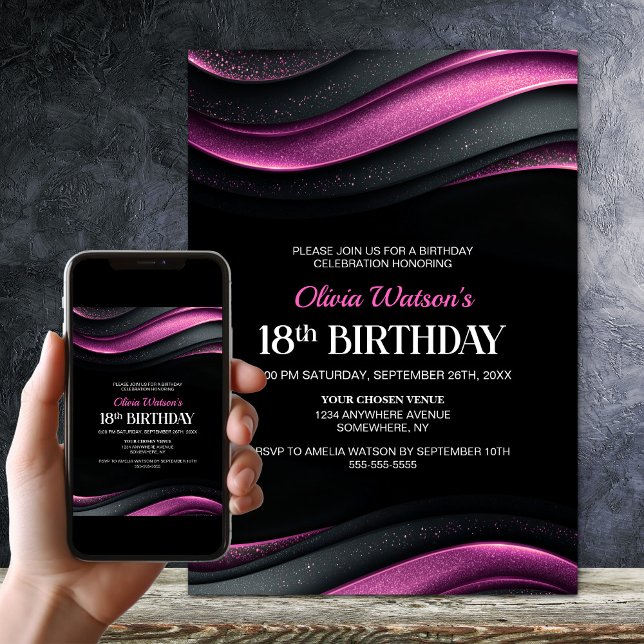 Invitation Fête d'anniversaire 18 ans moderne noir et rose (Créateur téléchargé)