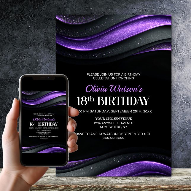 Invitation Fête d'anniversaire 18 ans moderne noire et violet (Créateur téléchargé)