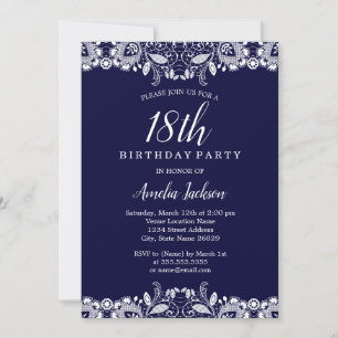 Invitation Fête d'anniversaire 18 ans Navy dentelle blanche v