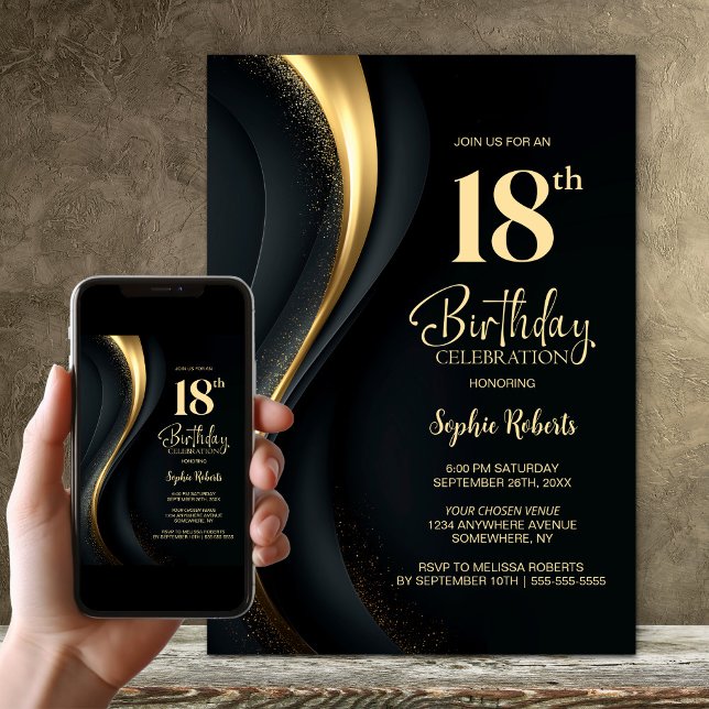 Invitation Fête d'anniversaire 18 ans noir et or (Créateur téléchargé)