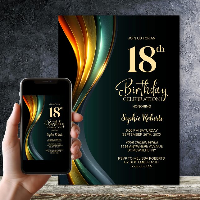Invitation Fête d'anniversaire 18 ans noir et or moderne (Créateur téléchargé)