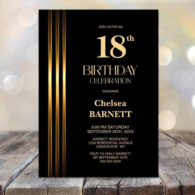 Invitation Fête d'anniversaire 18 ans noir et rayures dorées (Créateur téléchargé)