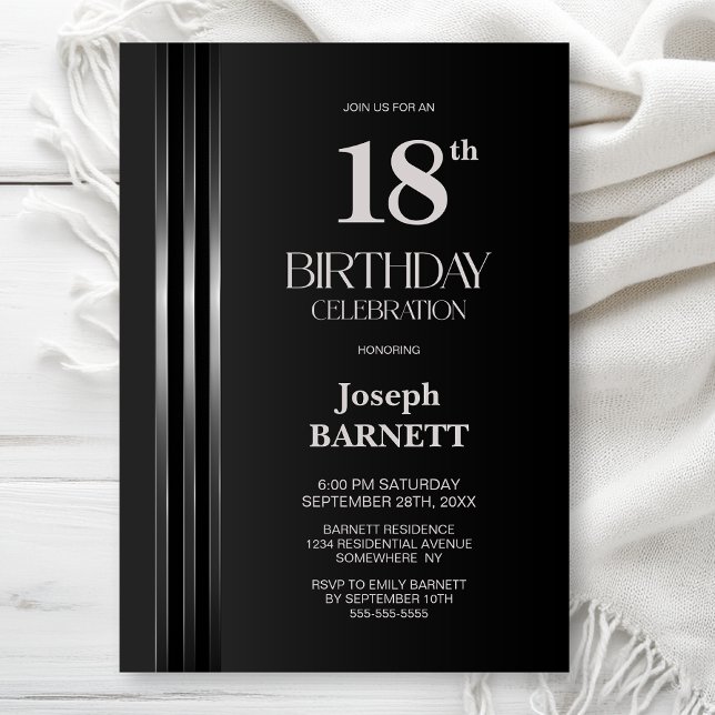 Invitation Fête d'anniversaire 18 ans noir rayé argent (Créateur téléchargé)