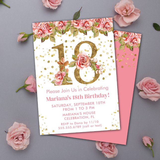 Invitation Fête d'anniversaire 18 ans Pink Roses Floral (Créateur téléchargé)