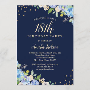 Invitation Fête d'anniversaire 18 ans Sparkle Floral Bleu
