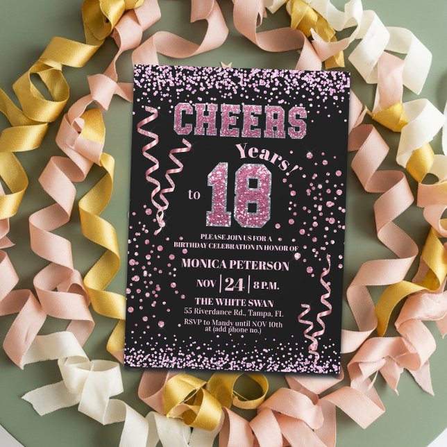 Invitation Fête d'anniversaire 18 ans Strass Rose Pailleté (Créateur téléchargé)