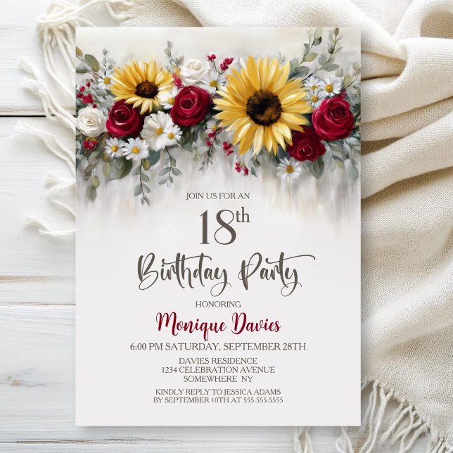 Invitation Fête d'anniversaire 18 ans Tournesol Rose Rouge Fl (Créateur téléchargé)