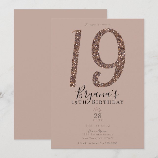 Invitation Fête d'anniversaire 19 ans 19 Rose pailletée blush (Devant / Derrière)