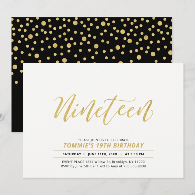 Invitation Fête d'anniversaire 19 ans avec lettrage moderne s (Devant / Derrière)