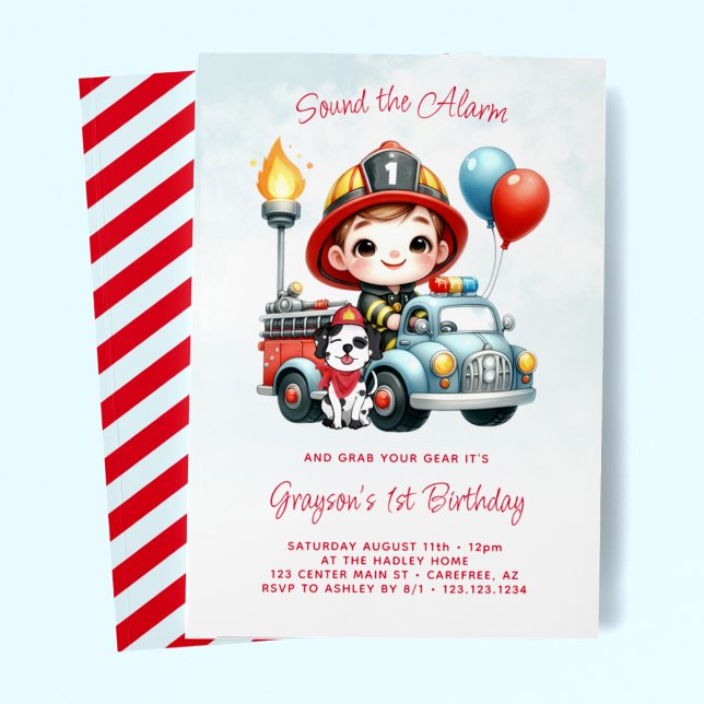 Invitation Fête d'anniversaire 1 an Camion de pompier Pompier (Créateur téléchargé)