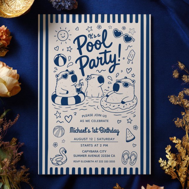 Invitation Fête d'anniversaire 1 an Capybara Piscine Bleu Mar (Créateur téléchargé)