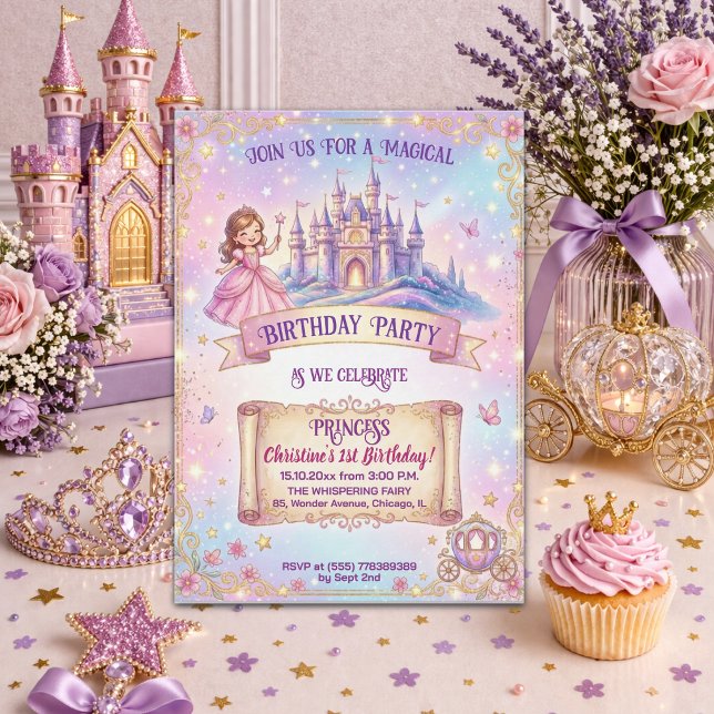 Invitation Fête d'anniversaire 1 an Château de Conte de Fées  (Créateur téléchargé)