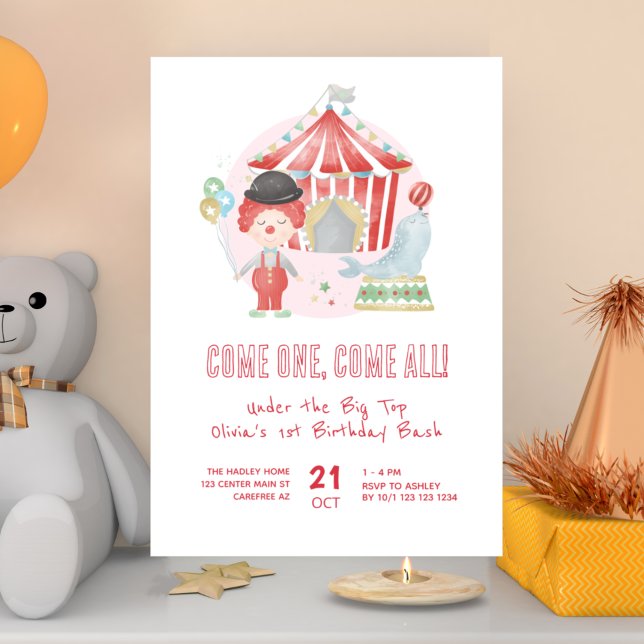 Invitation Fête d'anniversaire 1 an Cirque Carnaval Mignon (Créateur téléchargé)