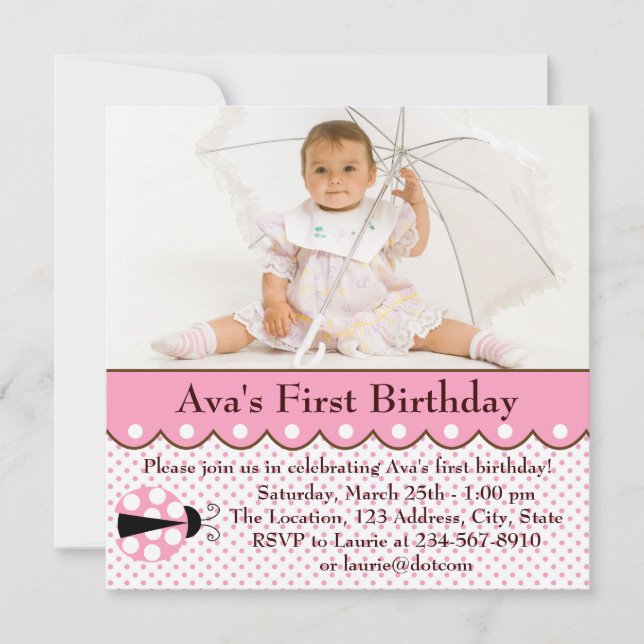 Invitation Fête d'anniversaire 1 an de filles Ladybug rose (Devant)