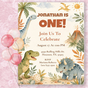 Invitation Fête d'anniversaire 1 an Dinosaure Aquarelle Ludiq