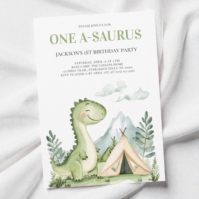 Invitation Fête d'anniversaire 1 an dinosaure aquarelle verte (Cute Green Watercolor Dinosaur 1st Birthday Party Invitation)