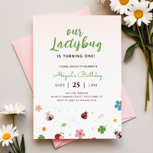 Invitation Fête d'anniversaire 1 an fille ladybug Floral Mign