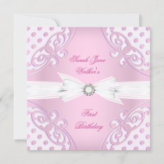 Invitation Fête d'anniversaire 1 an Fille Rose Blanc pois nœu