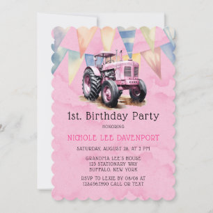 Invitation Fête d'anniversaire 1 an Fille Tracteur Rose