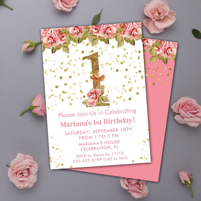 Invitation Fête d'anniversaire 1 an fleurs roses roses (Créateur téléchargé)