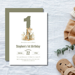 Invitation Fête d'anniversaire 1 an Girafe Vert Sauge Mignon