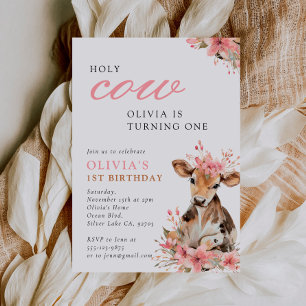 Invitation Fête d'anniversaire 1 an Holy Cow Rose