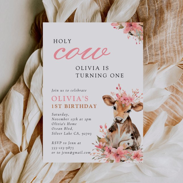 Invitation Fête d'anniversaire 1 an Holy Cow Rose (Créateur téléchargé)