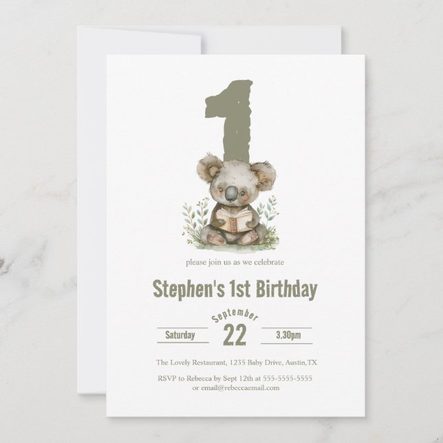Invitation Fête d'anniversaire 1 an Ourson Koala Vert Sauge M (Devant)