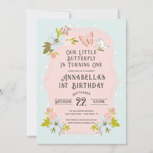 Invitation Fête d'anniversaire 1 an Papillon Boho Rose  (Devant)
