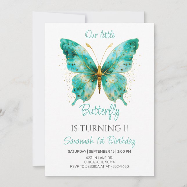 Invitation Fête d'anniversaire 1 an Papillon Mignon Fille (Devant)