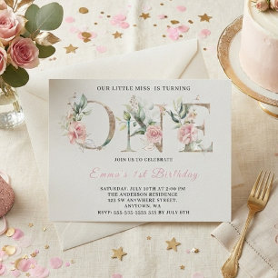 Invitation Fête d'anniversaire 1 an Photo Rose Floral Or