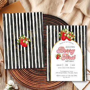 Invitation Fête d'anniversaire 1 an rayures or noir et blanc